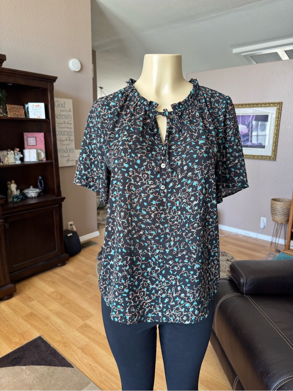 Beacon Apparel black, blue & orange floral blouse-size M